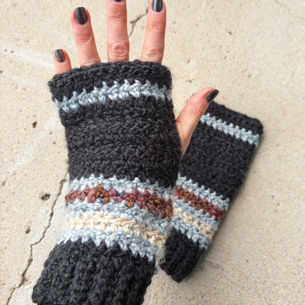 Handmade Crochet Black, Blue, Maroon, and Ivory Fingerless Gloves - Picture 2 of 2